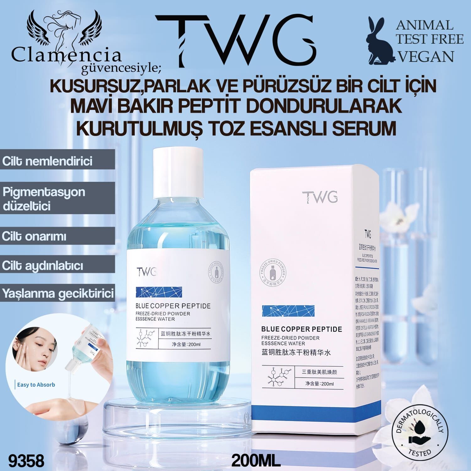 Mavi Bakır Peptit Dondurularak Kurutulmuş Toz Esanslı Yüz Serum 200ml No:9358