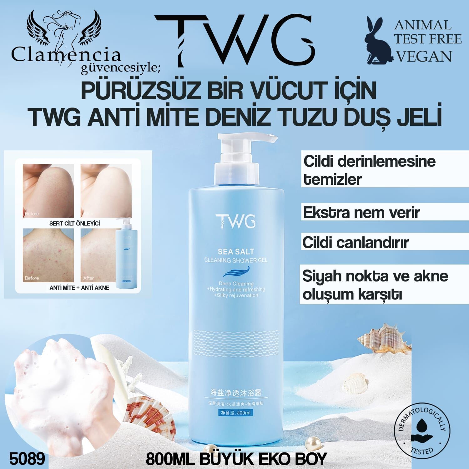 TWG Anti Mite Deniz Tuzu Duş Jeli – 800ml Eko Boy No:9508