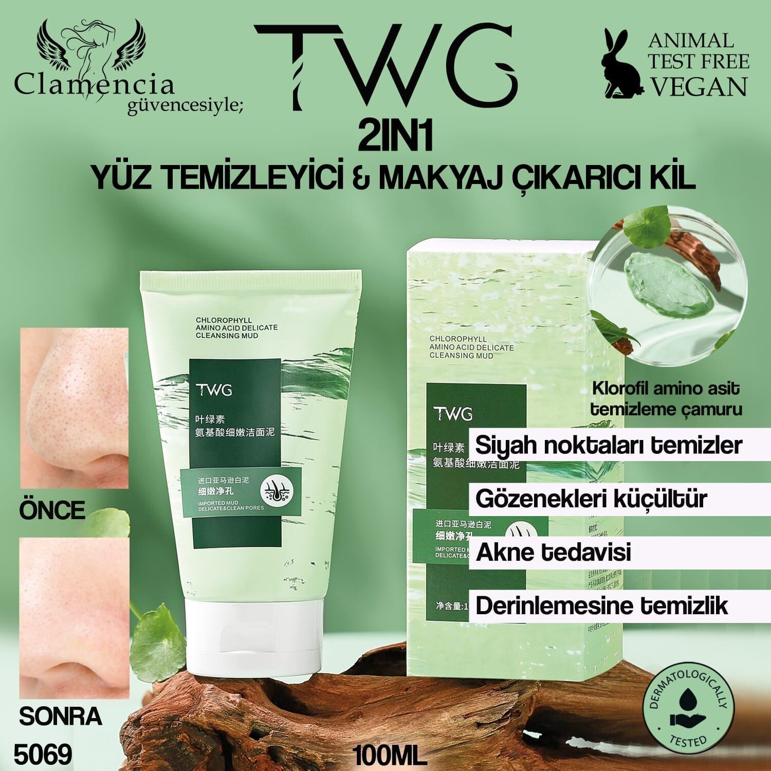 TWG 2 İn 1 Yüz Temizleme ve Makyaj Çıkarıcı Kil Çamurlu Jel 100g No:5069