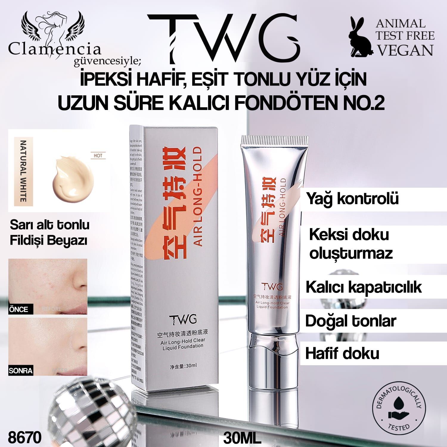 TWG Uzun Ömürlü Kalıcı Fondöten- Fildişi Beyaz 30ml No:8668
