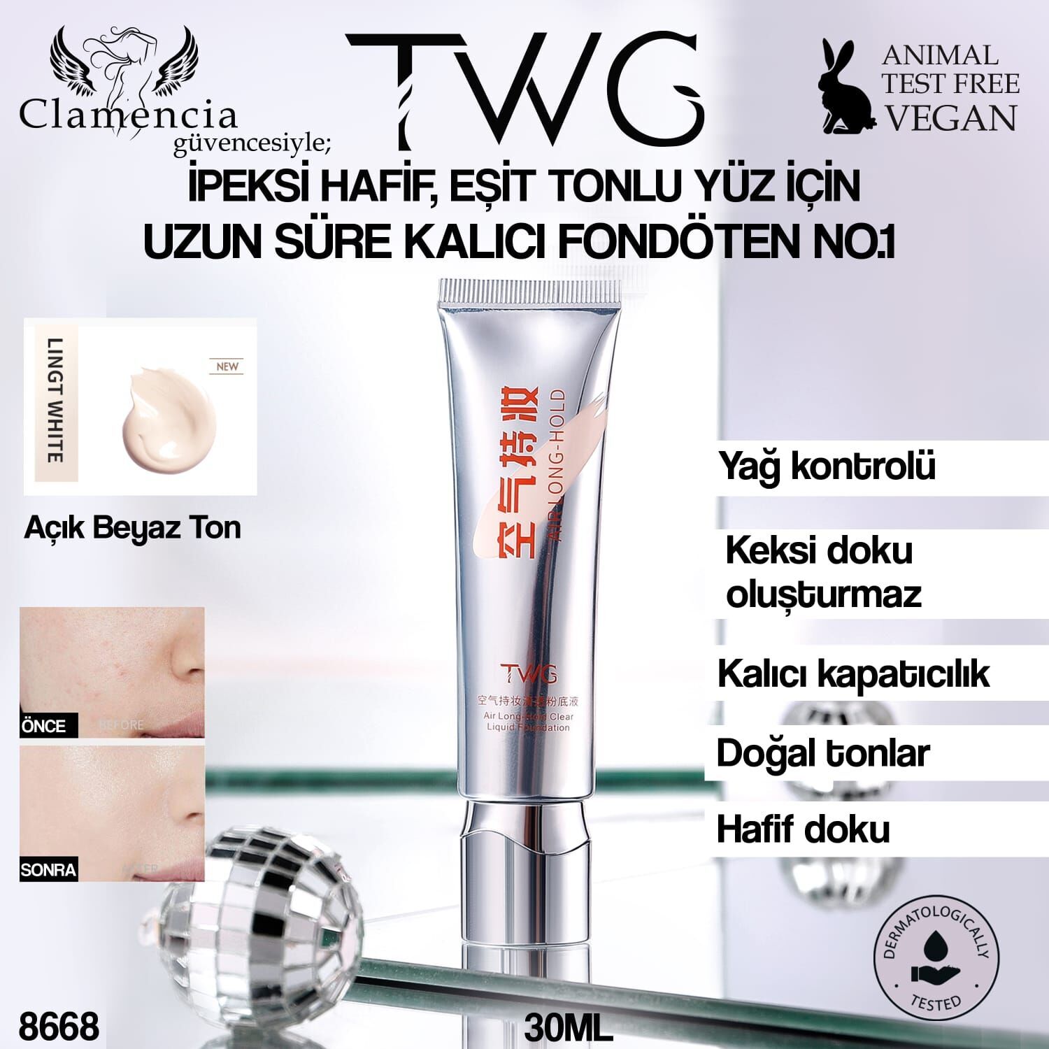 TWG Uzun Ömürlü Kalıcı Fondöten- Naturel Beyaz 30ml No:8670