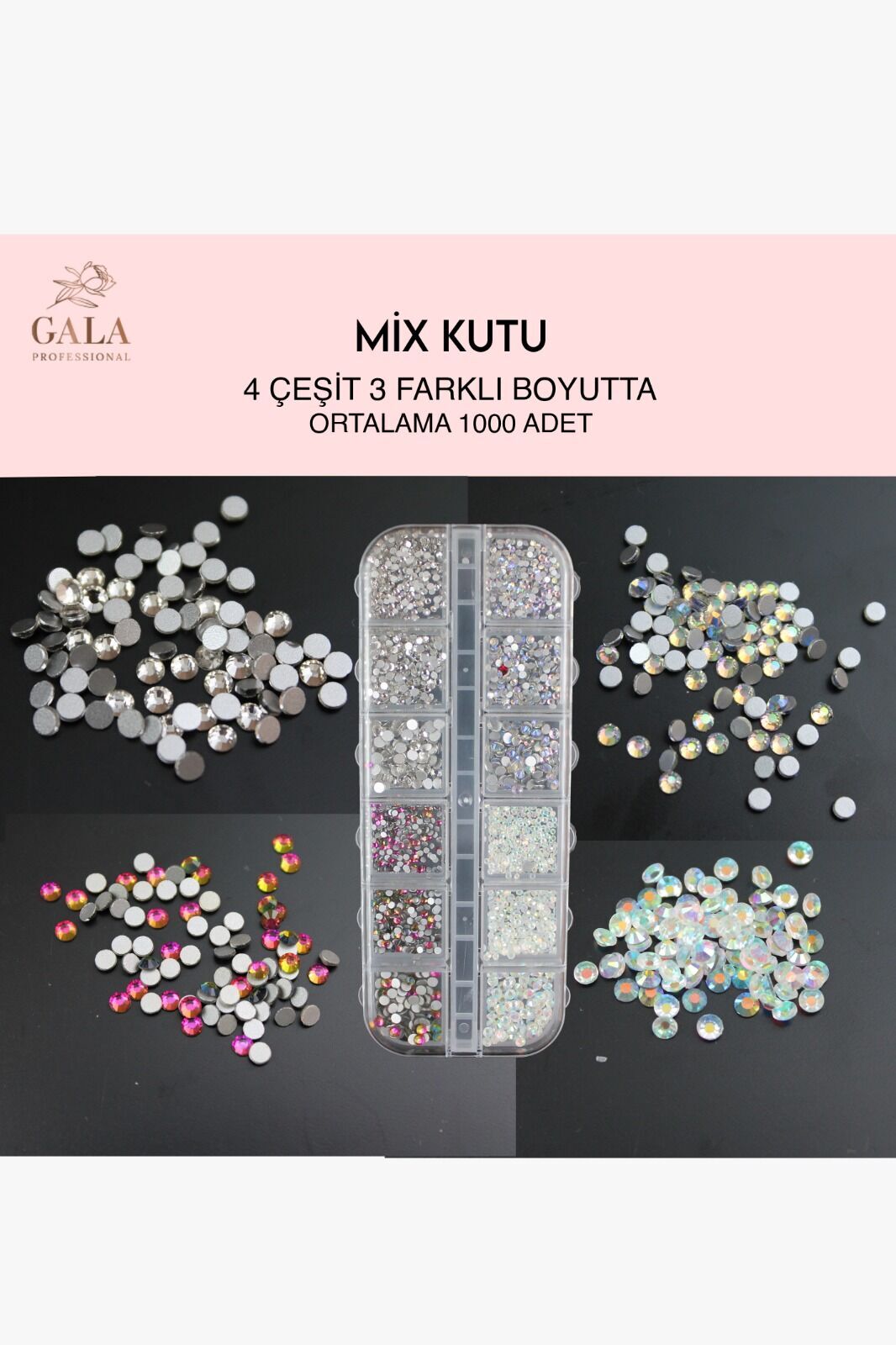 Crystal taş 12 li mix kutu 4 çeşit / 3 farklı boyutta