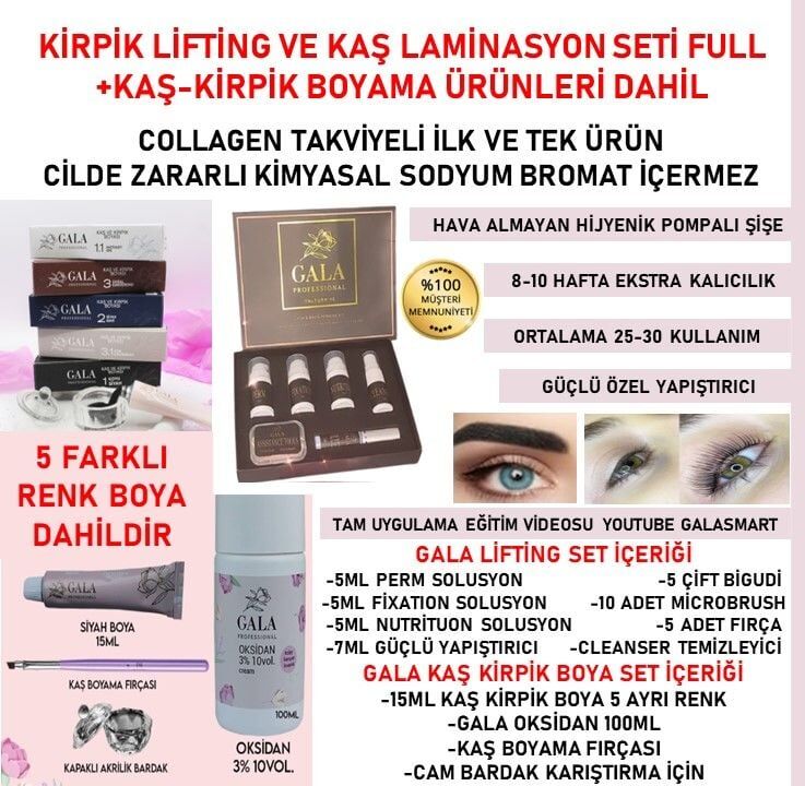 Gala kirpik lifting & kaş laminasyon set + boyama ürünleri dahil