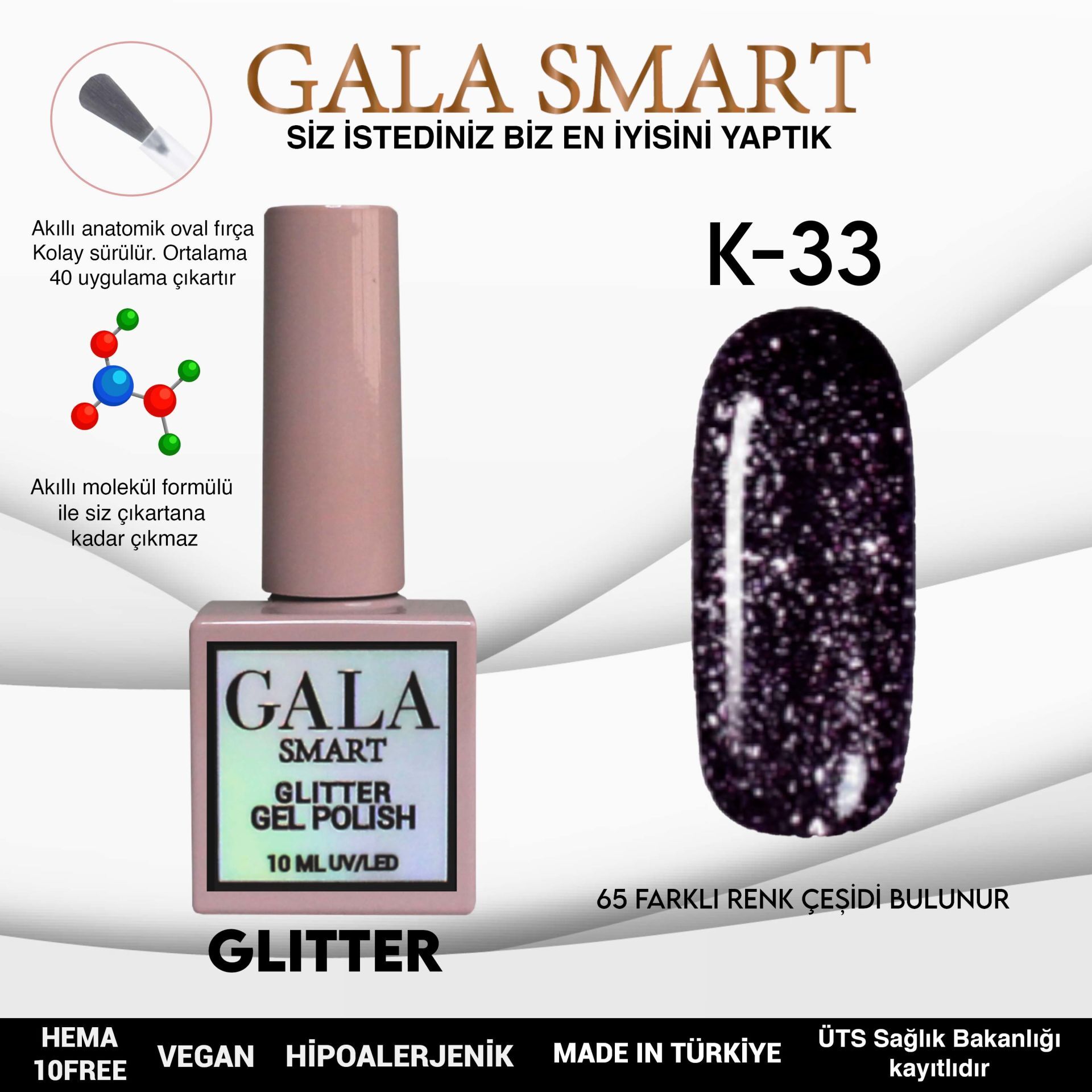 Gala smart glıtter kalıcı oje 10 mle k33