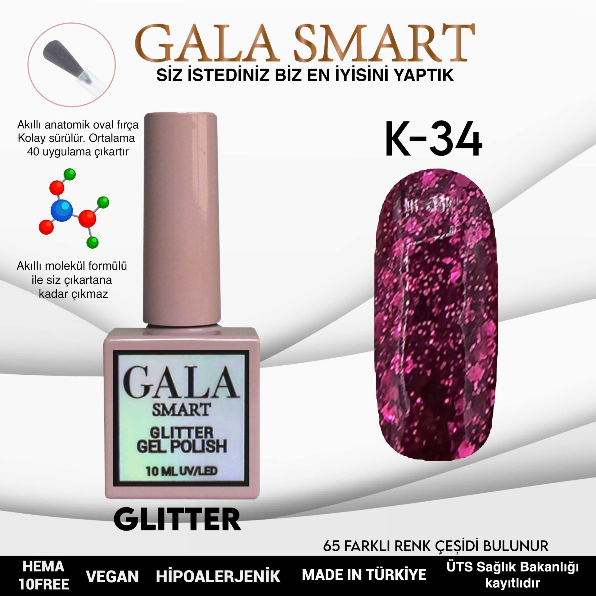 Gala smart glıtter kalıcı oje 10 mle k34