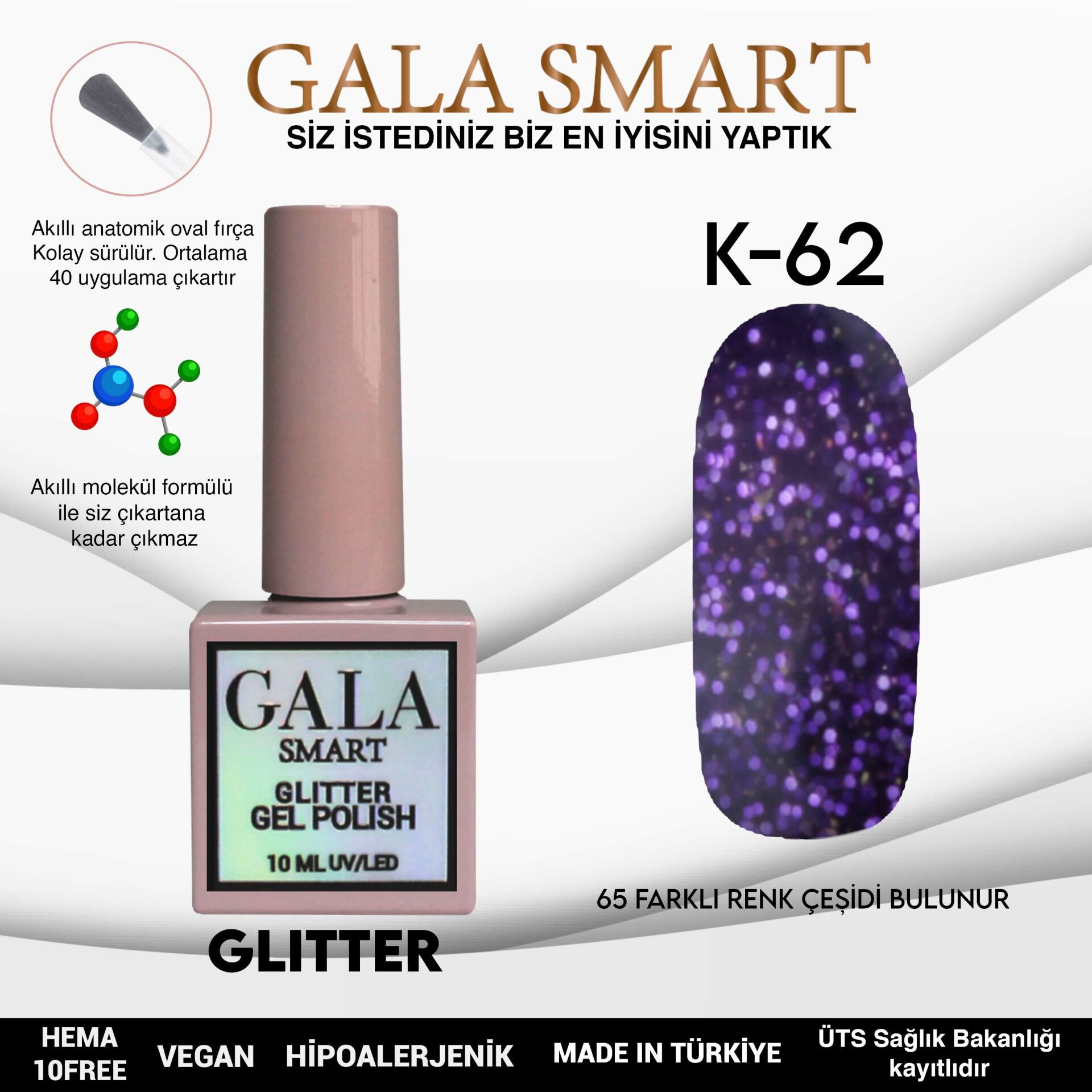 Gala smart glıtter kalıcı oje 10 mle k62